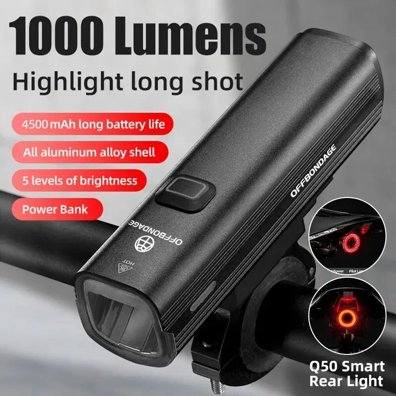 OFFBONDAGE 1000LM High-Intensity Bicycle Headlight | 4500mAh Power Bank & USB Rechargeable MTB/Road Light
