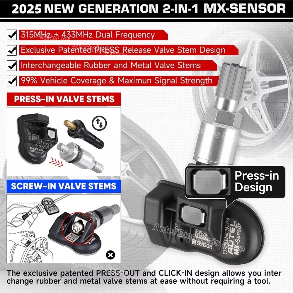Autel 2 in 1 TPMS Universal MX Sensor 315MHz 433MHz Programmable Automotive Tool 4 Piece Set