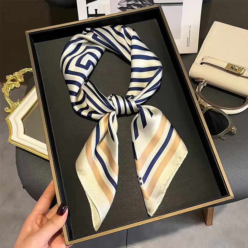 Women's Striped Silk Satin Square Scarf – 27.56x27.56in Elegant Headband, Neck Wrap & Bandana