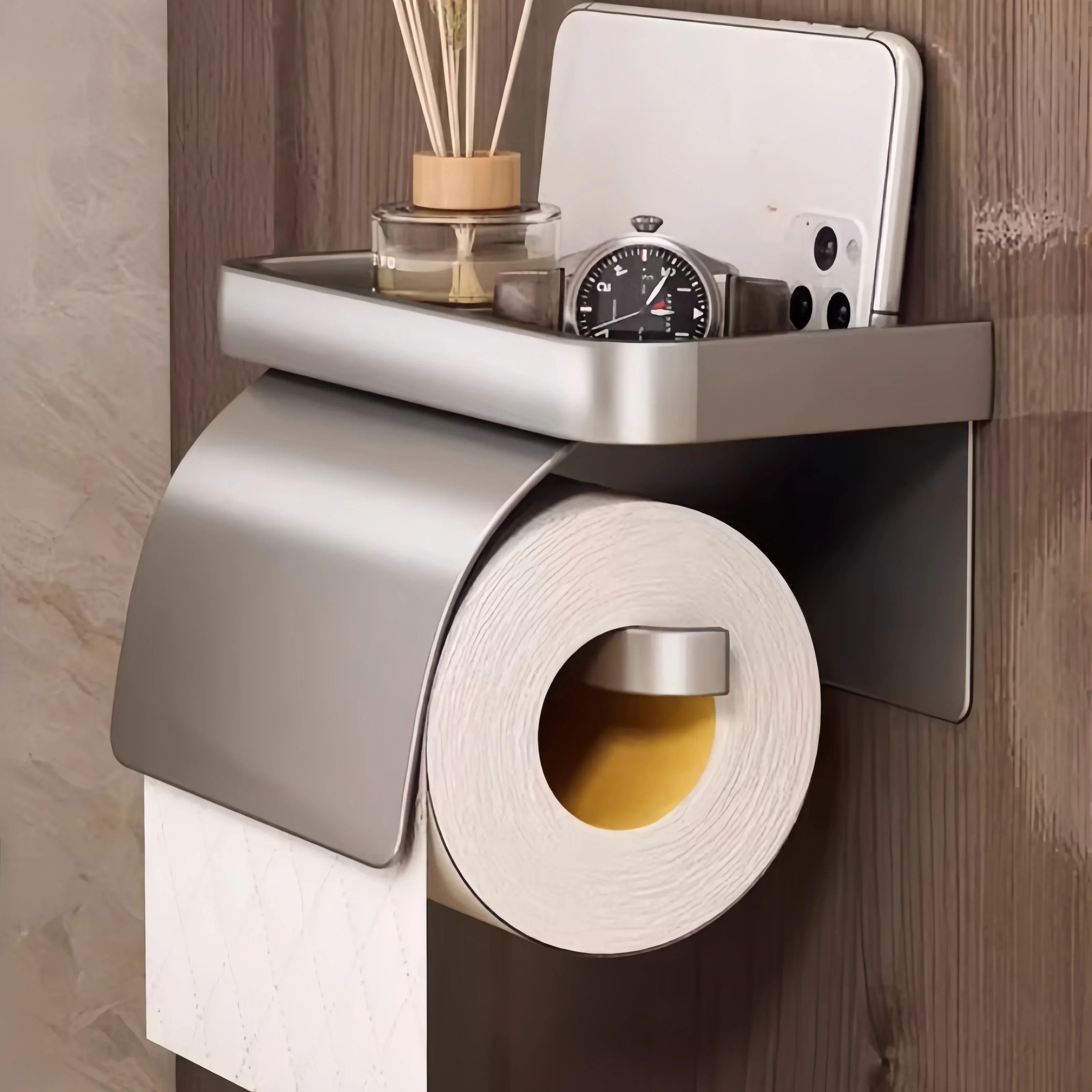 Self-Adhesive Toilet Paper Holder with Shelf – Wall Mount toilet paper holder, Drill-Free Bathroom Organizer