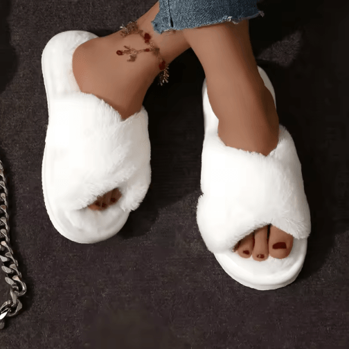 Womens Cross-Strap Faux Fur Slippers – Warm Plush Indoor Slides for Home Comfort