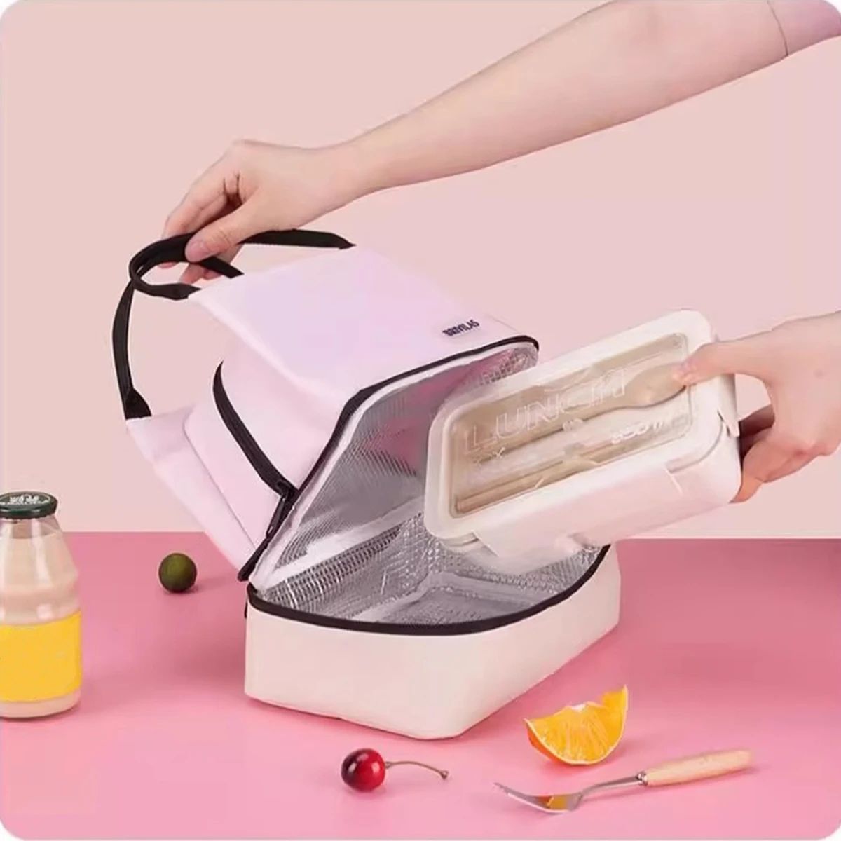 Pink Double-Layer Insulated Lunch Bag – Large Capacity Aluminum Foil Thermal Cooler Tote, Portable Ice Bag