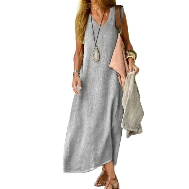 Womens V Neck Cotton Linen Loose Waist Sleeveless Summer Dress