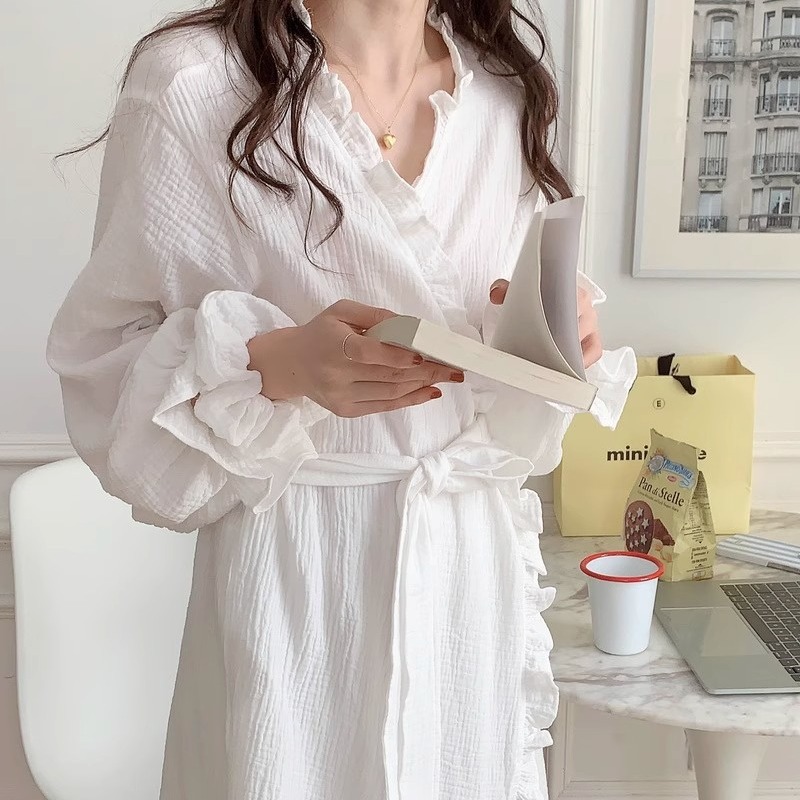 New Women's Long-Sleeved Robe, Spring and Summer Solid Color Pajamas, Girls Sweet Ins Wind Ruffled Thin Section Home