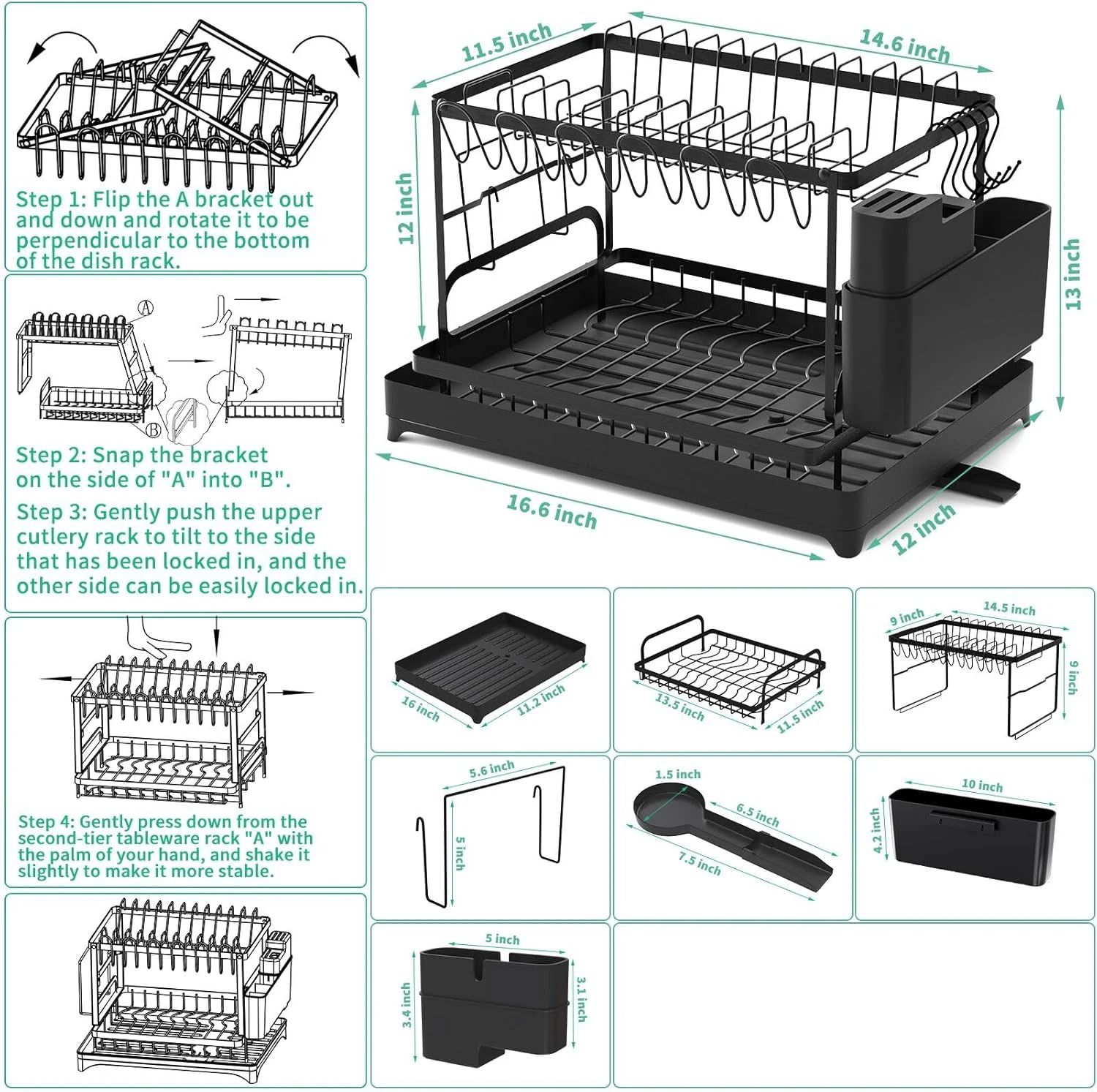 2-Tier Kitchen Dish Drying Rack – Heavy-Duty Countertop Drainer with Drip Tray – Metal Space-Saving Dish Rack