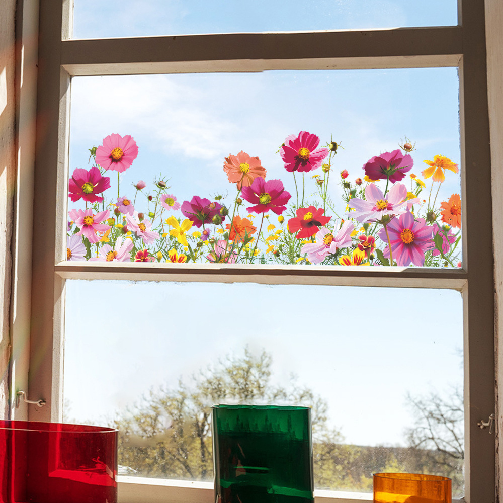 Beautiful Colorful Flowers Wall Stickers, Vibrant Self-Adhesive Glass Window Decor for Home, Room, or Office
