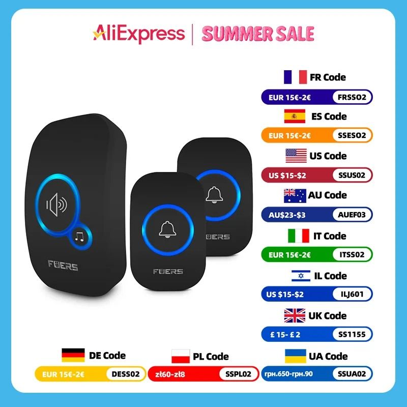 Fuers Wireless Doorbell Waterproof 32 Chimes Smart Alarm for Home Hotel Use