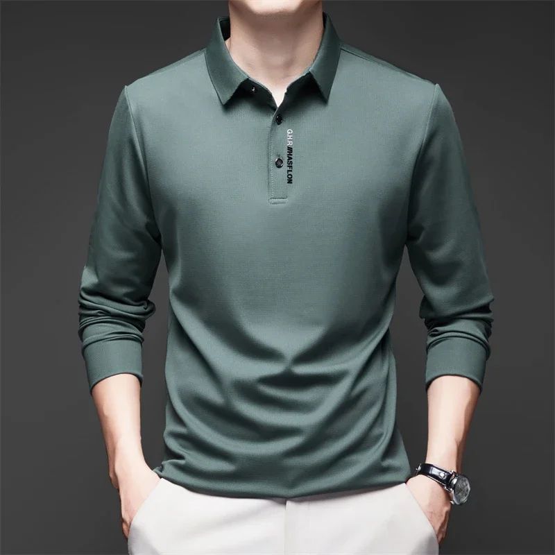Men's Solid Polo Shirt – Long Sleeve Business Casual Polo with Badge, Anti-Wrinkle Breathable Shirt