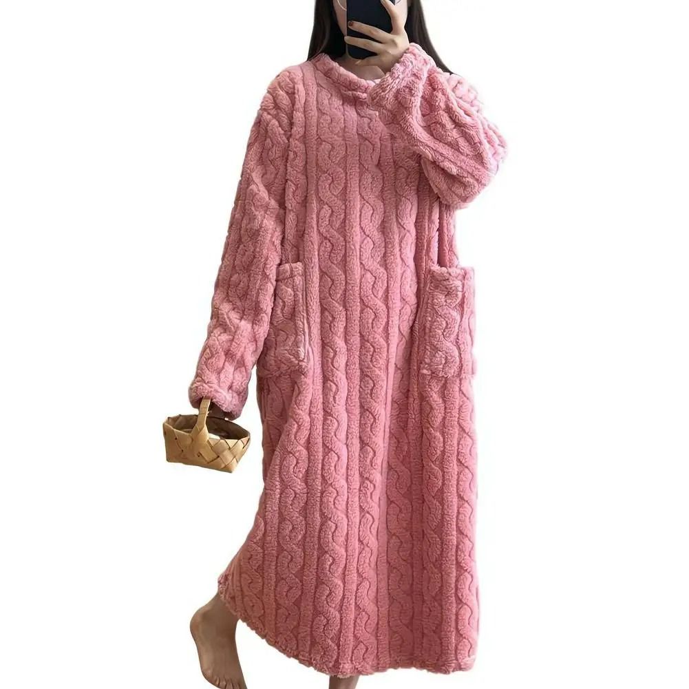 Women Winter Flannel Nightgown Long Sleeve Warm Sleepwear Dress