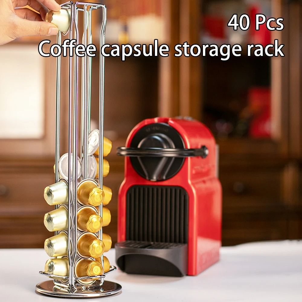 Rotating Coffee Capsule Storage Rack – 360° Spin Silver Pod Holder for 40 Capsules – Vertical Kitchen Organizer