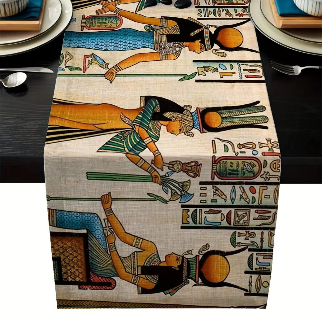 Ancient Egyptian Hieroglyph Linen Table Runner for Vintage Ethnic Home Decor
