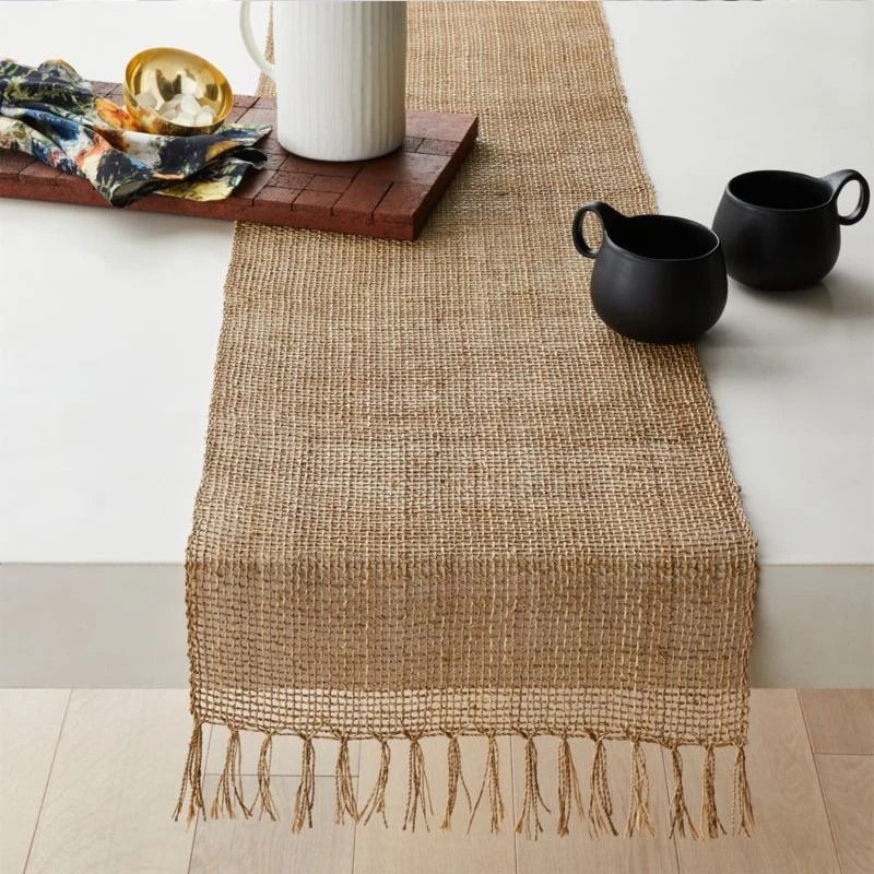 Natural Jute Table Runner with Tassels Rustic Farmhouse Table Decor