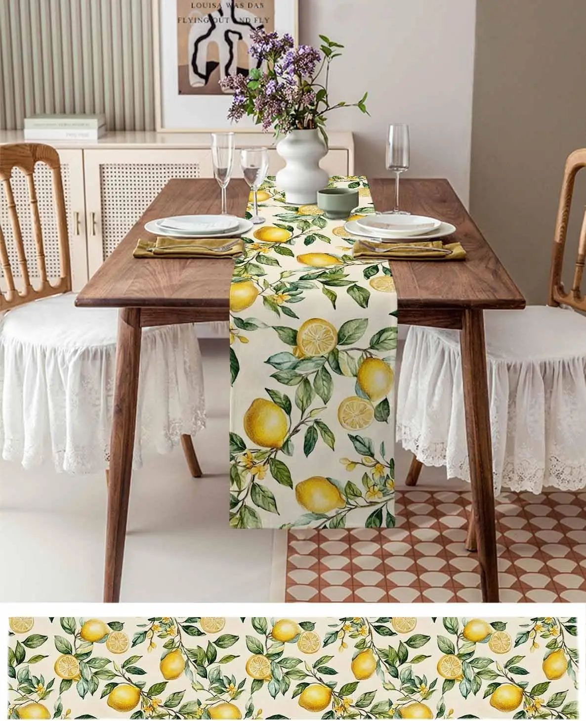 Watercolor Lemon Linen Table Runner for Dining Table – Summer Green Leaf Farmhouse Kitchen Decor
