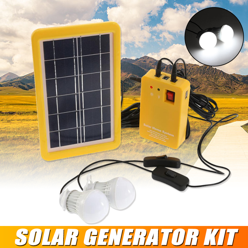 Solar Panel Emergency Light Kit with USB Charger & LED Bulbs