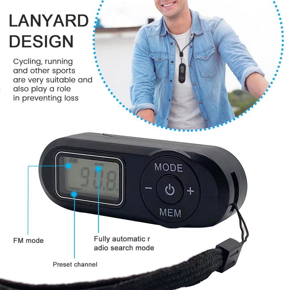 JINSERTA Portable Pocket FM Radio with LCD Display & Neck Lanyard – Mini Sports Receiver with 3.5mm Headphone Jack