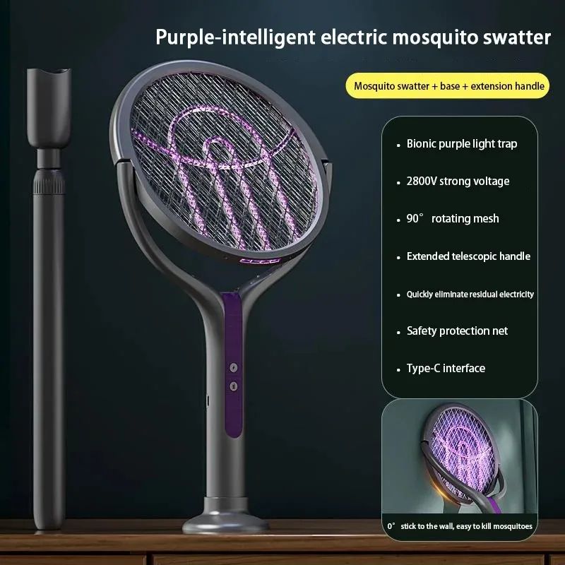 2800V Electric Mosquito Swatter Rechargeable Mosquito Racket with Extension Handle 5-Layer Safety Protection