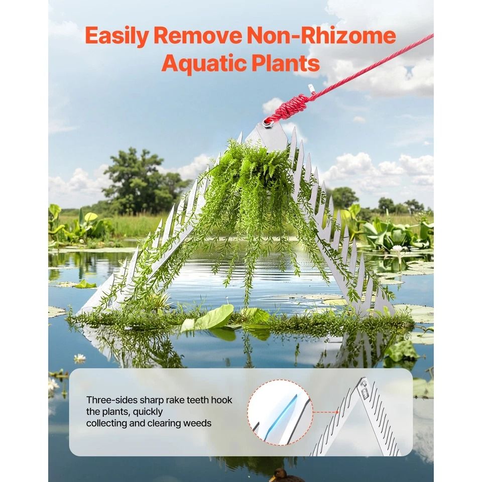 Aquatic Weed Rake with Handle Triangular Foldable Design & Rope for Pond & Lake Cleanup