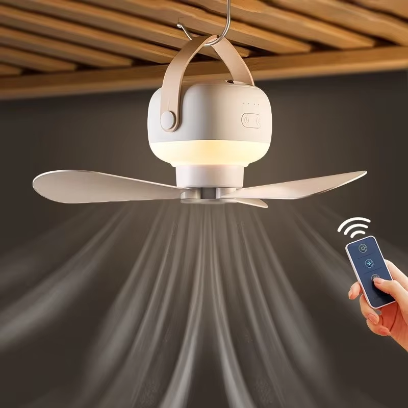Portable Wireless Mini Ceiling Fan Light USB Fan with Remote Control, Stand, Night Light, Ideal for Home, Outdoor
