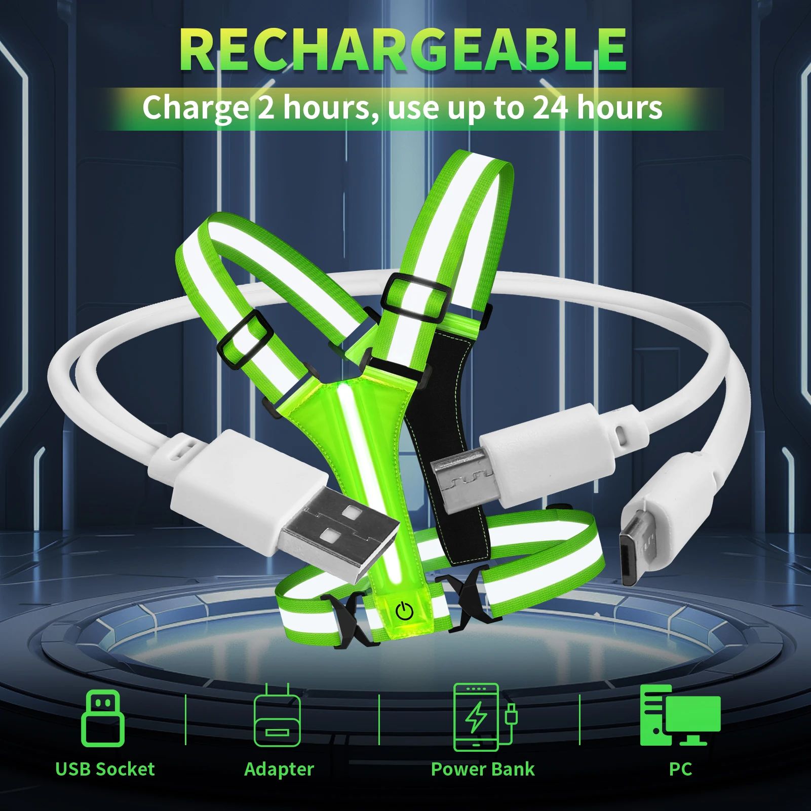 USB Rechargeable LED Reflective Running Vest – High Visibility Safety Gear for Night Running & Cycling