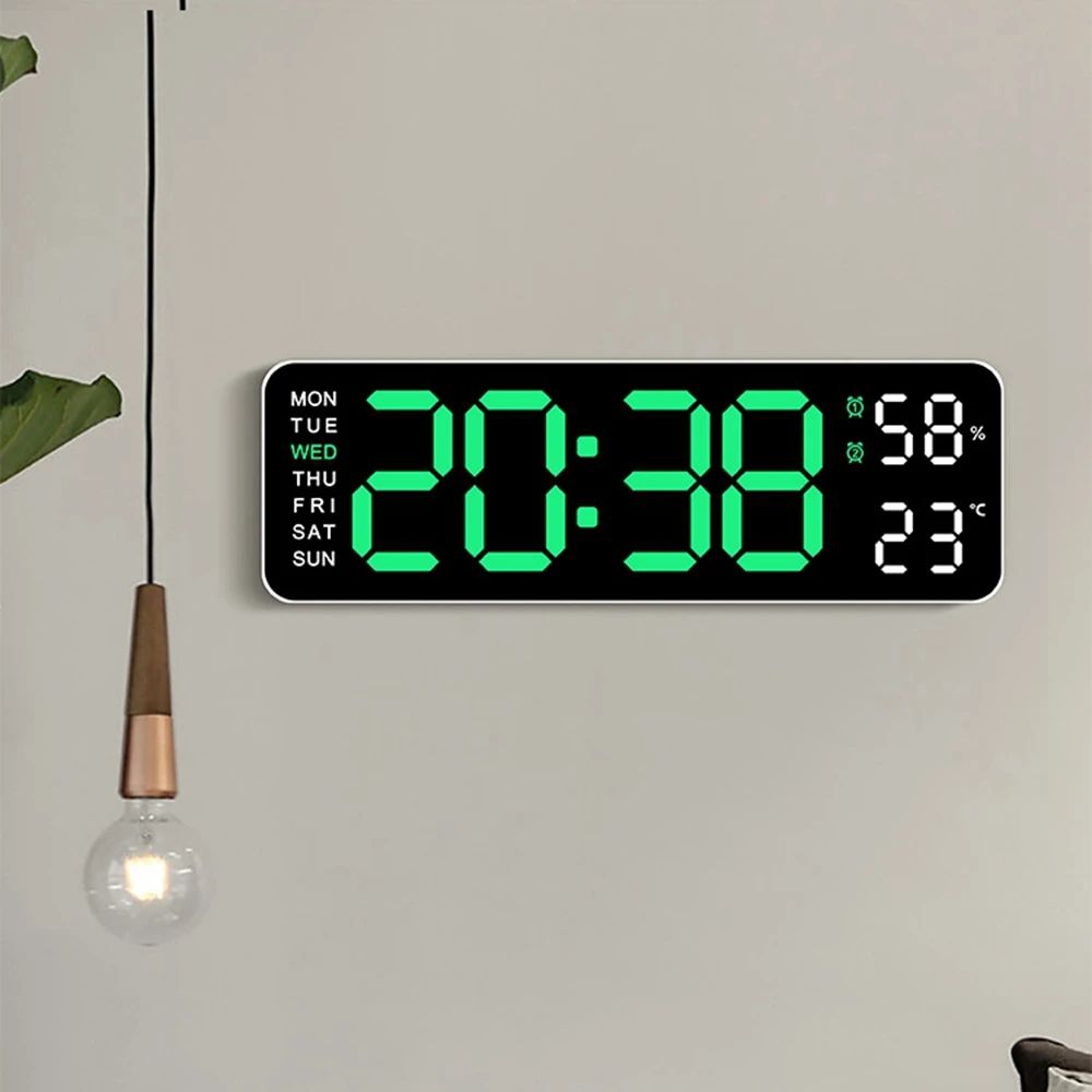 9-Inch Large Digital Wall Clock with Temperature, Humidity & Auto-Dimming Alarm Display