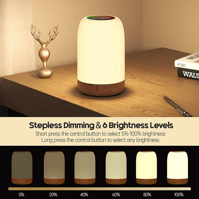 USB Rechargeable LED Touch Lamp, Wood Grain Table Lamp with Dimmable RGB Color and Timing Function, for Bedroom