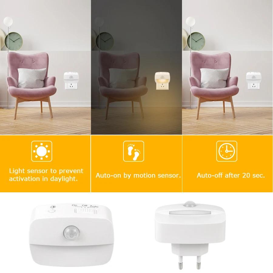 PIR Motion Sensor Socket, Color Changing Lamp Plug-In for Bedroom, Hallway, Human Induction Light