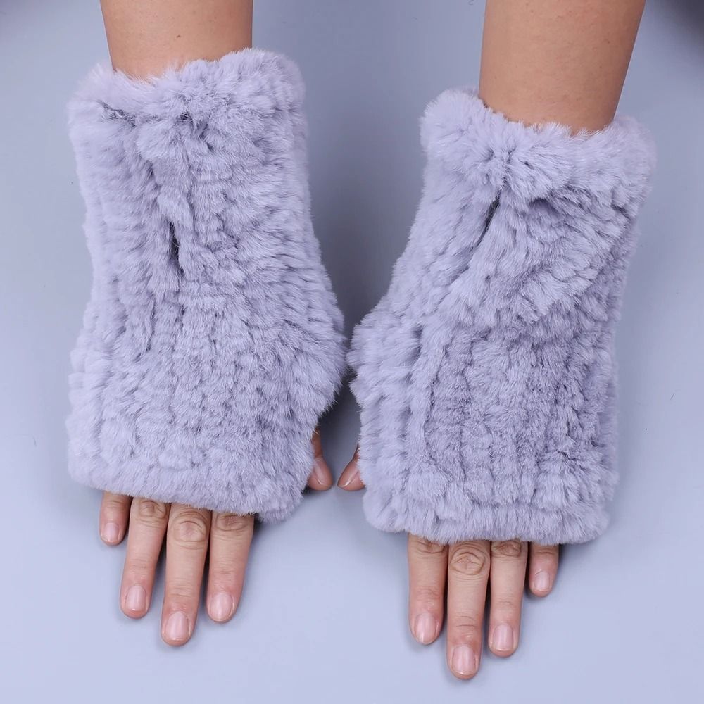Luxury Rex Rabbit Fur Fingerless Gloves Fluffy Womens Winter Wrist Warmers