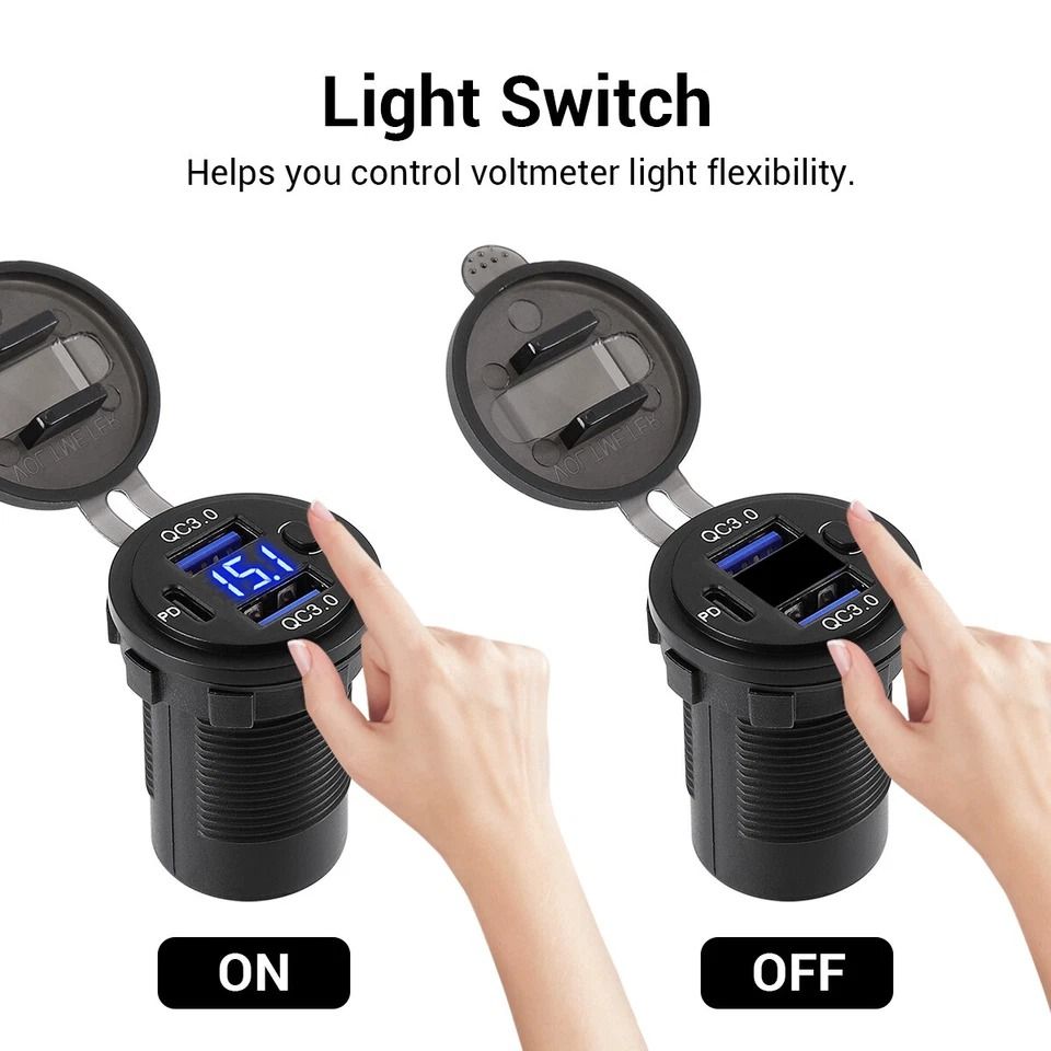 Car Fast Charger, PD QC Dual USB Power Socket Outlet with LED Voltmeter, Waterproof, Charging Power