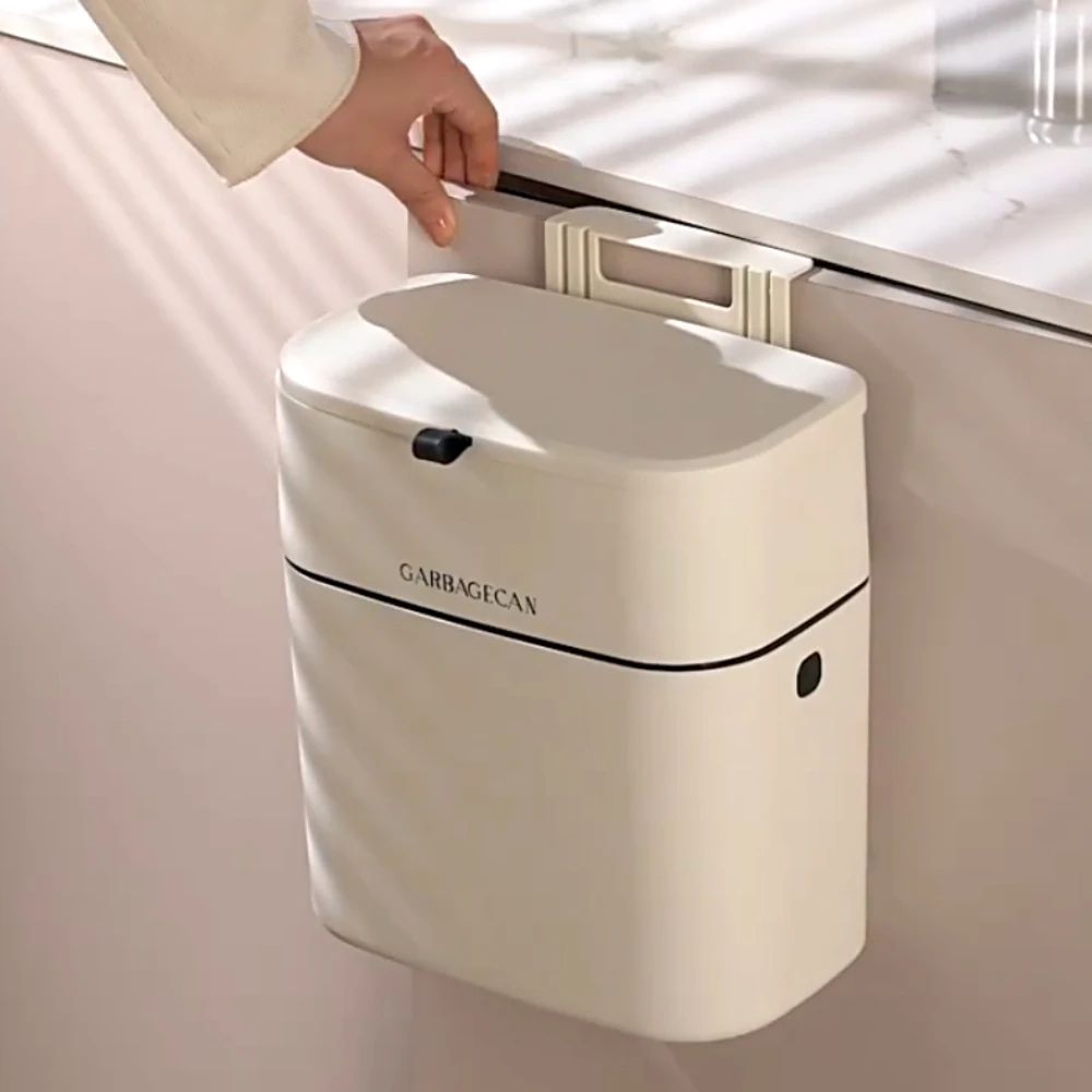 Hanging Press-Top Garbage Bin – Large Capacity Wall-Mounted Bathroom Trash Can with Clamshell Lid