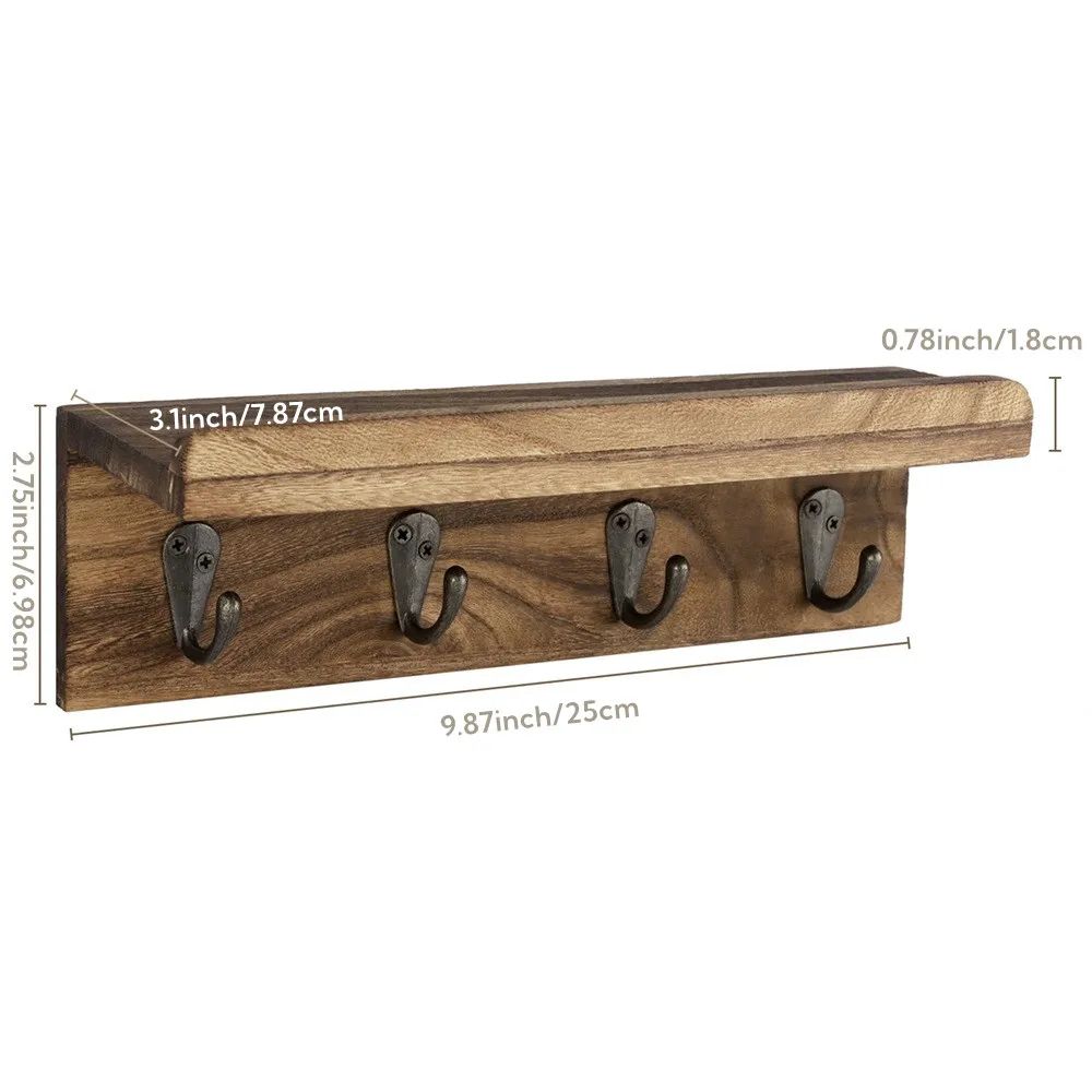Farmhouse Rustic Wood Key Holder Wall Shelf with Hooks