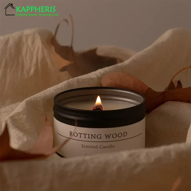 Black Tin Candle with Wooden Wick, Aromatic Scented Candles with Dried Flower, Classic Home Decorative Jars with Lid