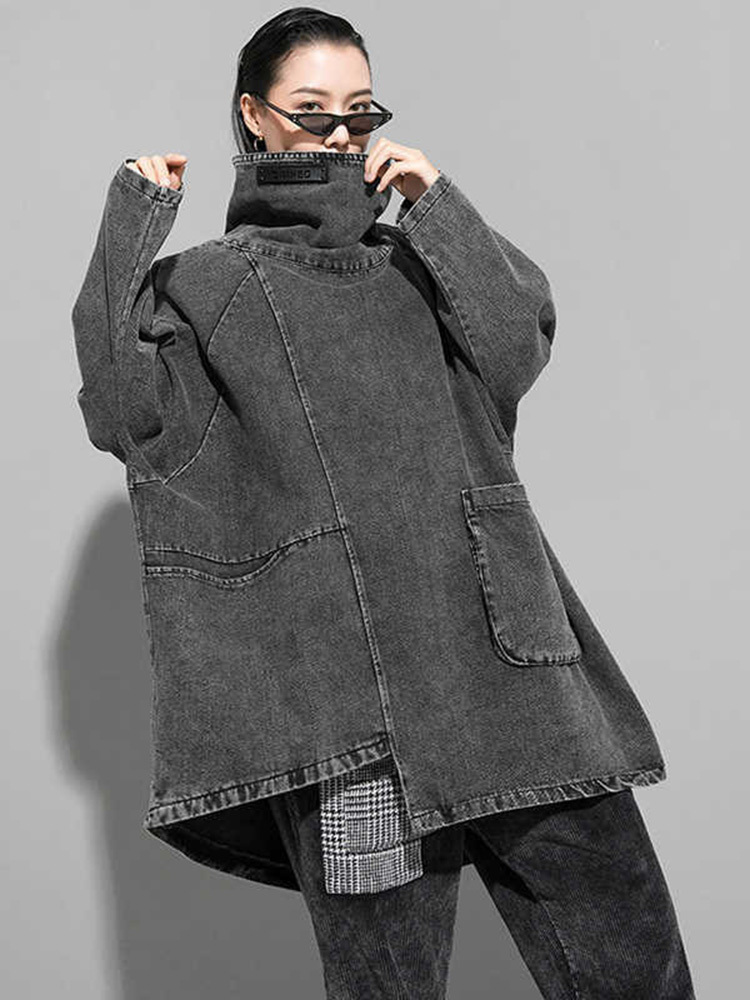 Loose Fit Black Denim High Collar Sweatshirt for Women, Spring & Autumn Fashion, Plus Size