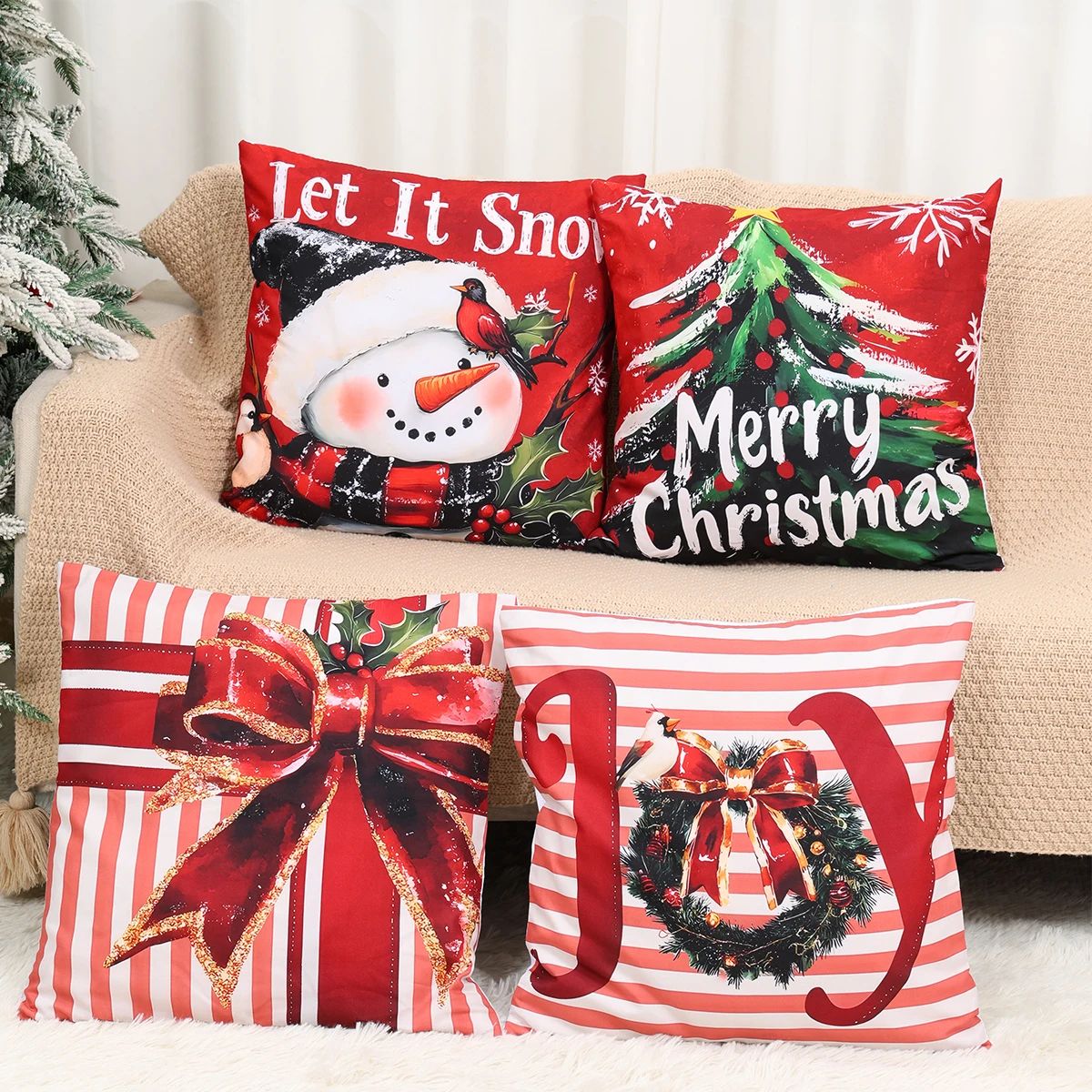 Merry Christmas Decorative Pillow Cover Set 4pcs