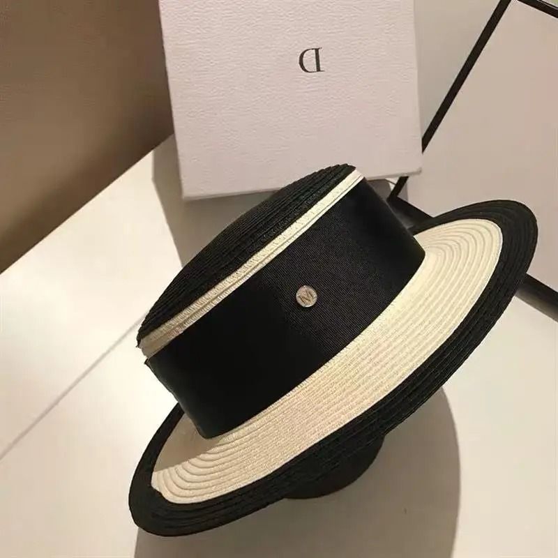 Hepburn Style Womens Flat Top Straw Hat Elegant Black White Fashion Sun Hat
