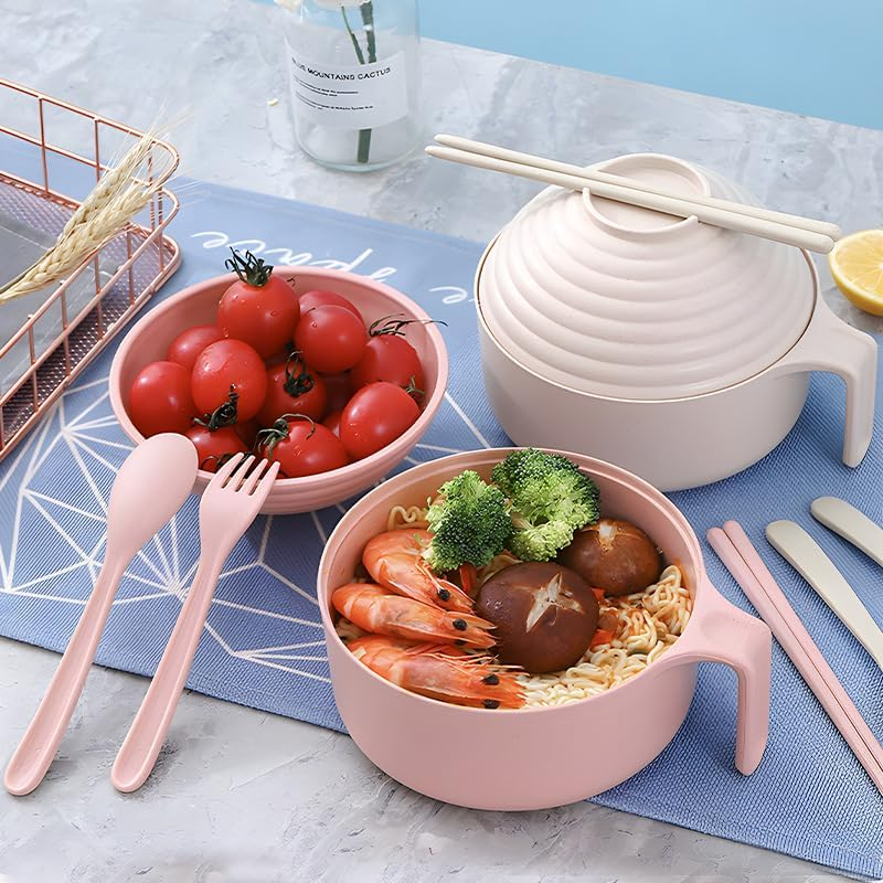 Microwavable Cooker Bowl with Lid, Ramen Noodles Bowl Set with Chopsticks, Ramen Bowl Set