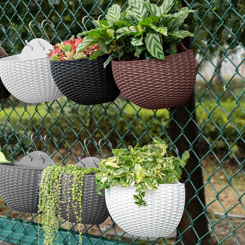 Wall Mounted Imitation Rattan Flower Basket Semi Circular Hanging Planter for Garden Decor
