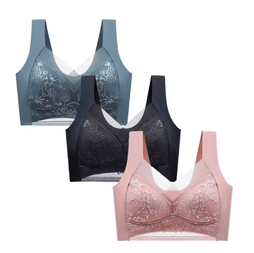 FallSweet 3-Piece Wireless Lace Push Up Deep V Bralette Set (L–5XL)