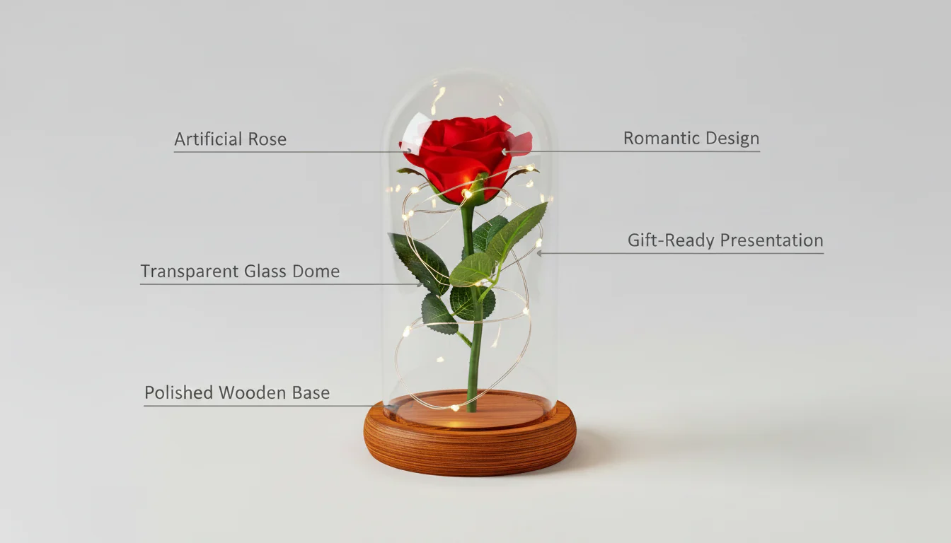 Red Rose in Glass Dome with Wooden Base & LED Lights