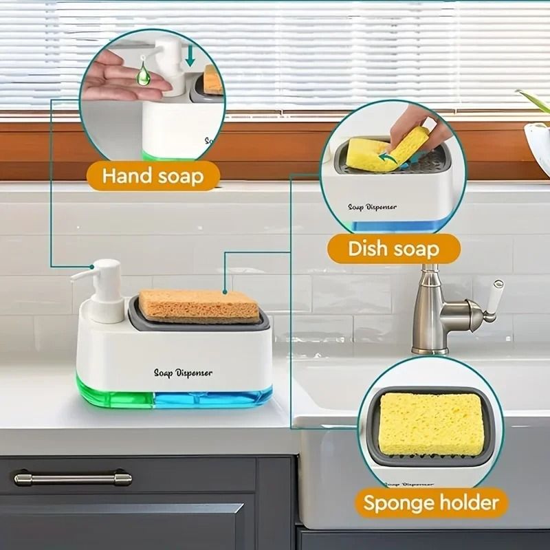 Hand and Dish Soap Dispenser Set with Sponge Holder Countertop Kitchen Soap Pump