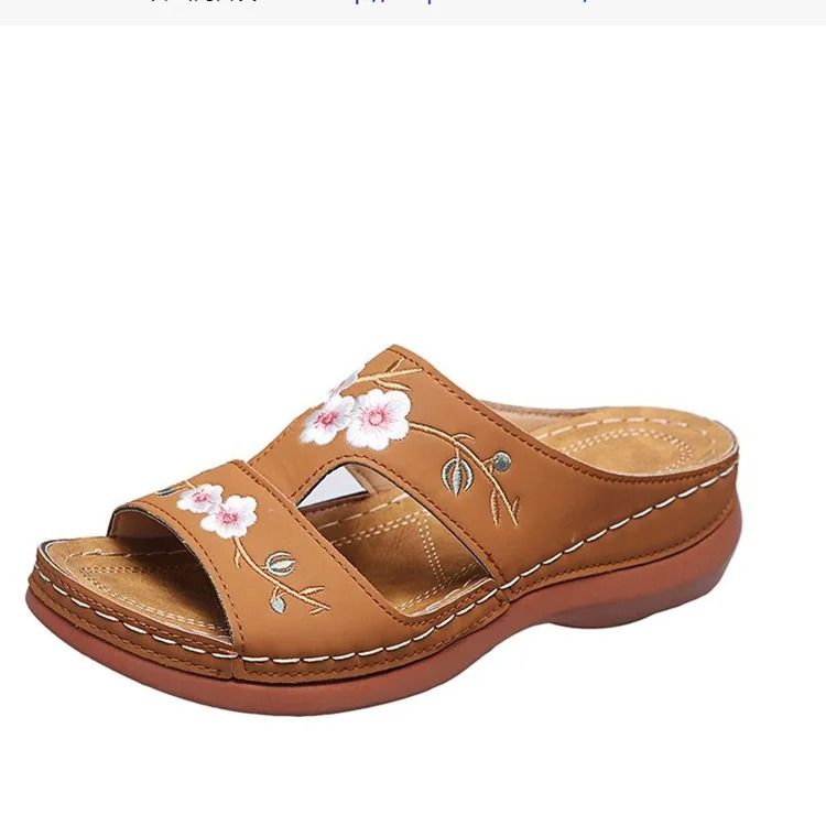 Women Embroidered Flower Leather Wedge Slippers