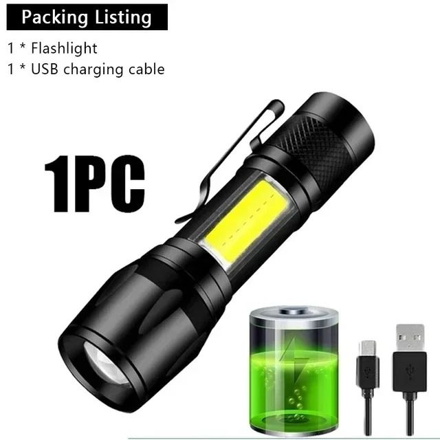 USB Rechargeable Mini COB and XPE LED Flashlight with Zoom and Pen Clip