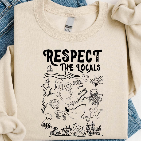 Respect the Locals Sweatshirt, Sea Animals Shirt, Ocean Animals Sweater, White and Natural Vacation Tee