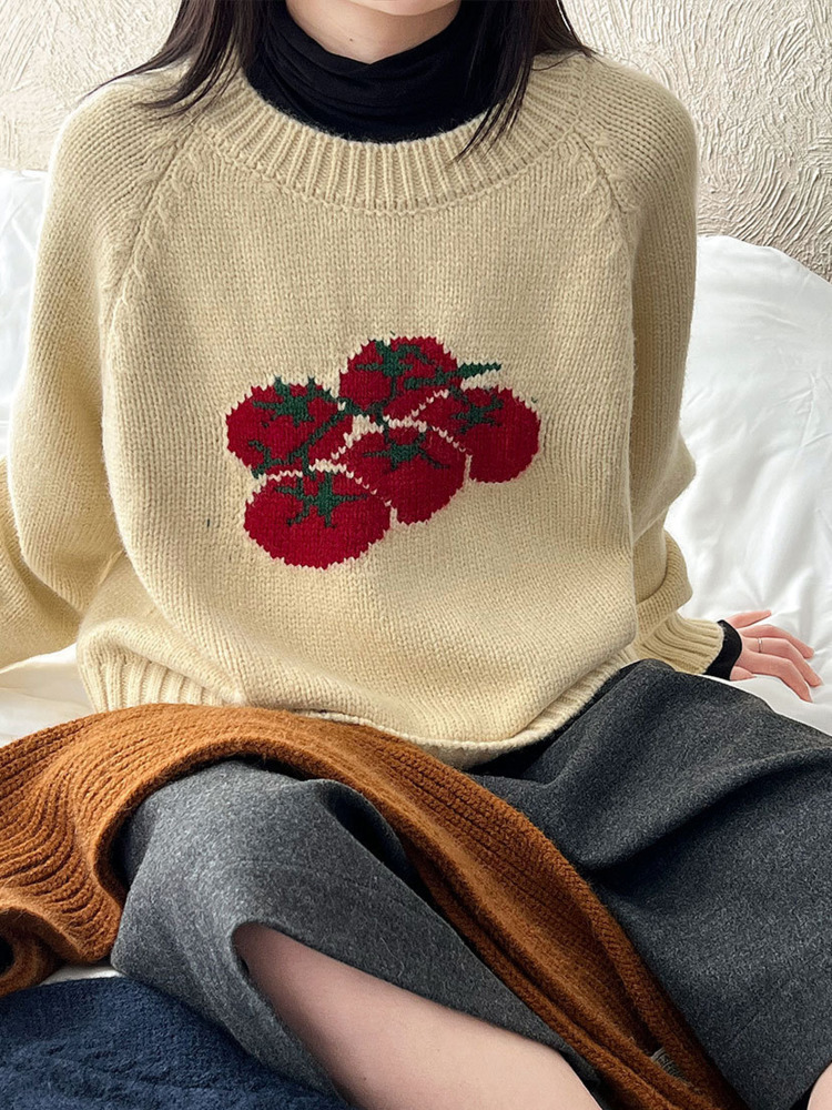 Autumn New Soft Pullover, Tomato Pattern Knitted Sweater, Loose Round Neck