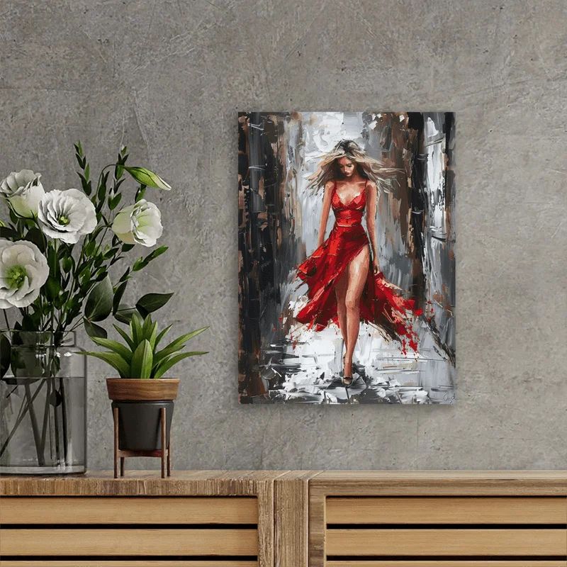 Elegant Woman Canvas Wall Art with Wooden Frame – Red Dress Modern Office & Home Decor