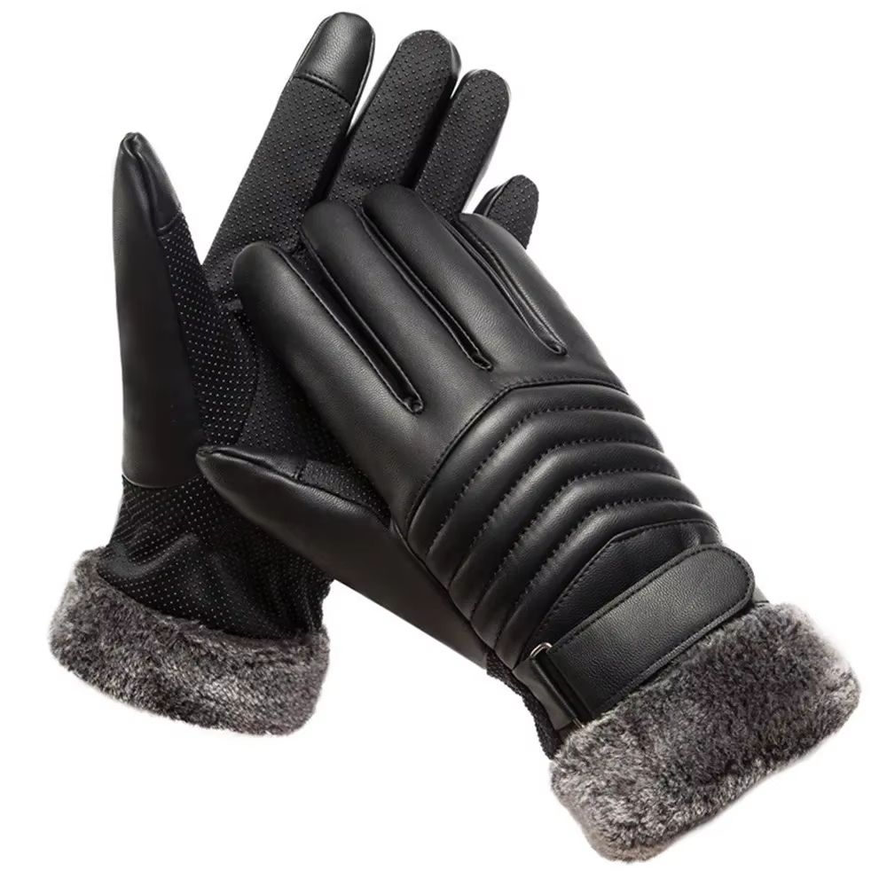 Mens Plush Insulated PU Leather Touchscreen Winter Cycling Gloves