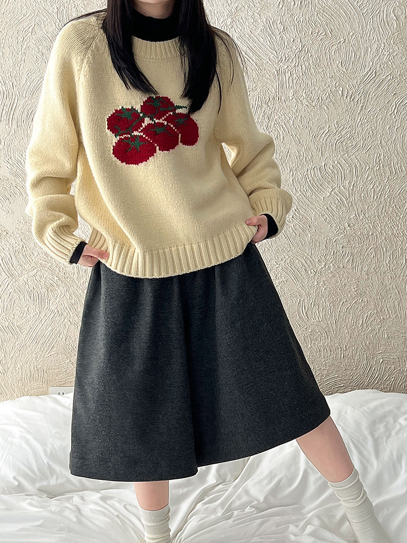 Autumn New Soft Pullover, Tomato Pattern Knitted Sweater, Loose Round Neck