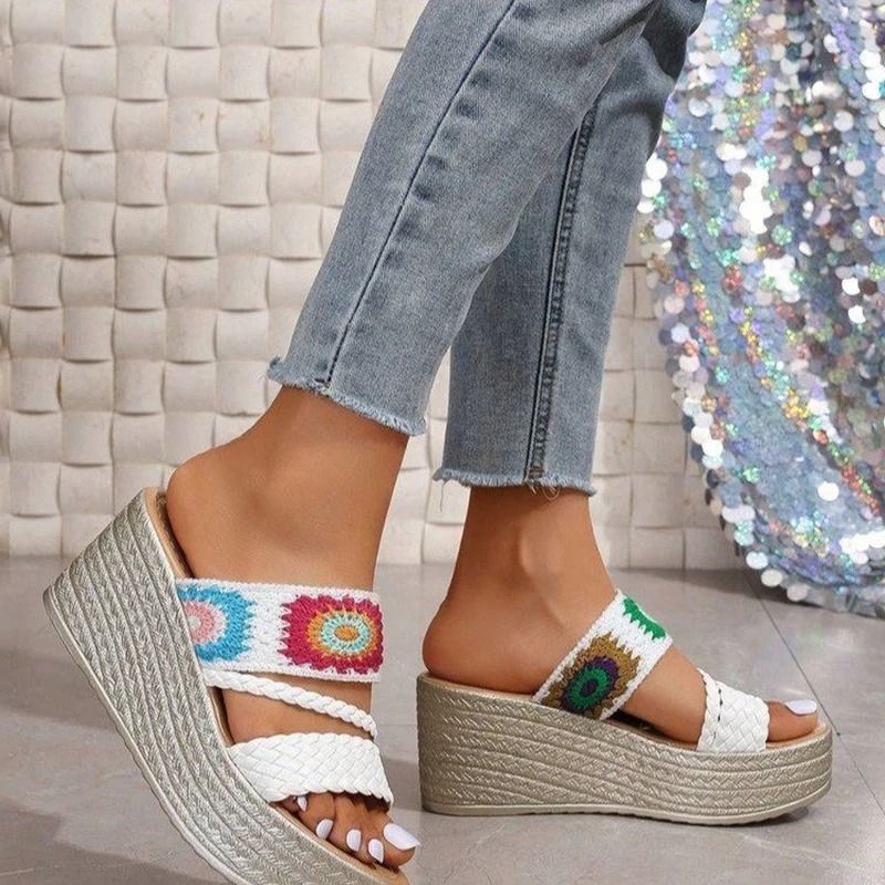 Women Ethnic Woven Wedge Slip on Sandals