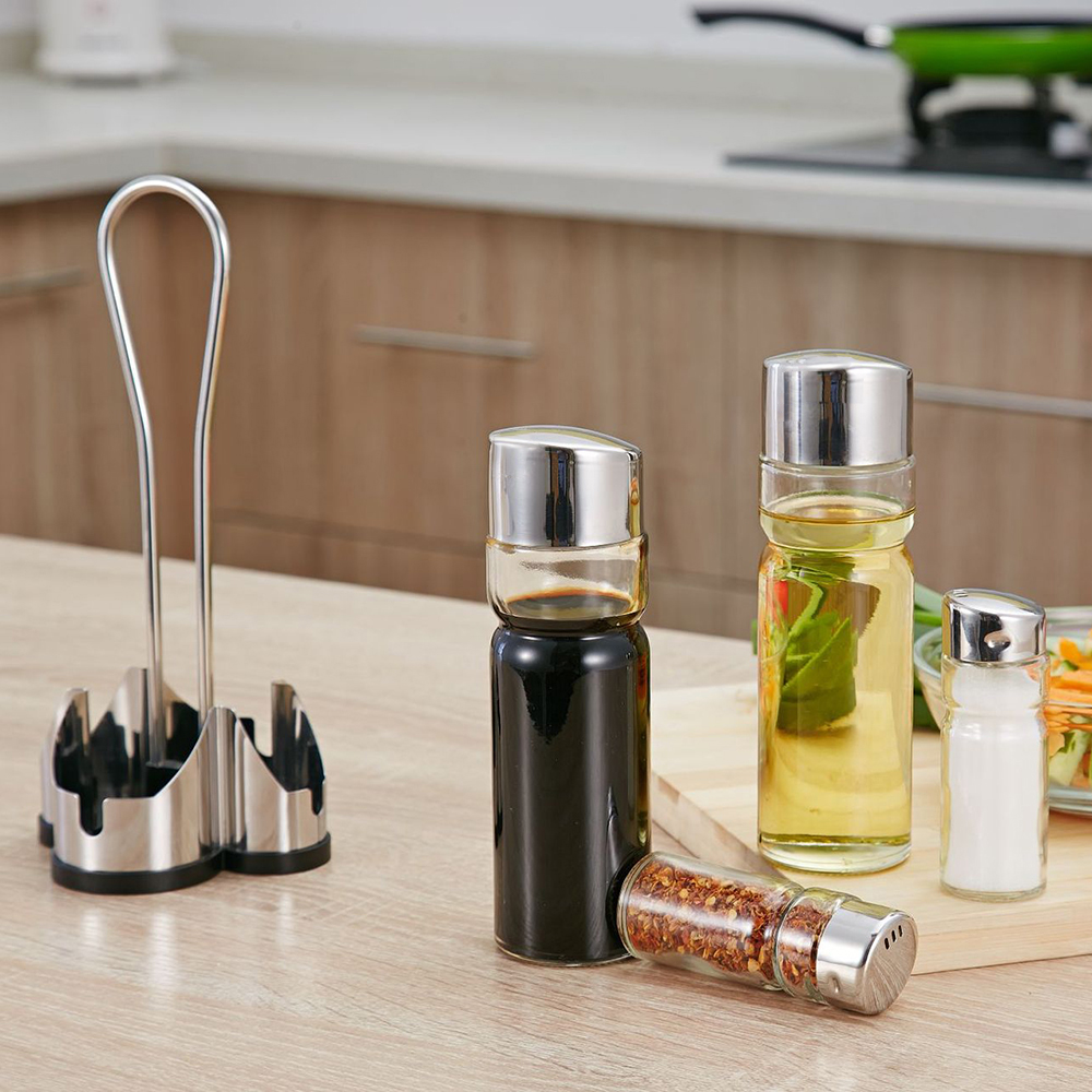 Seasoning Bottle Set, Condiment Holder Rack, Oil Vinegar Dispensers with Salt Pepper Shakers and Glass Cruet Set