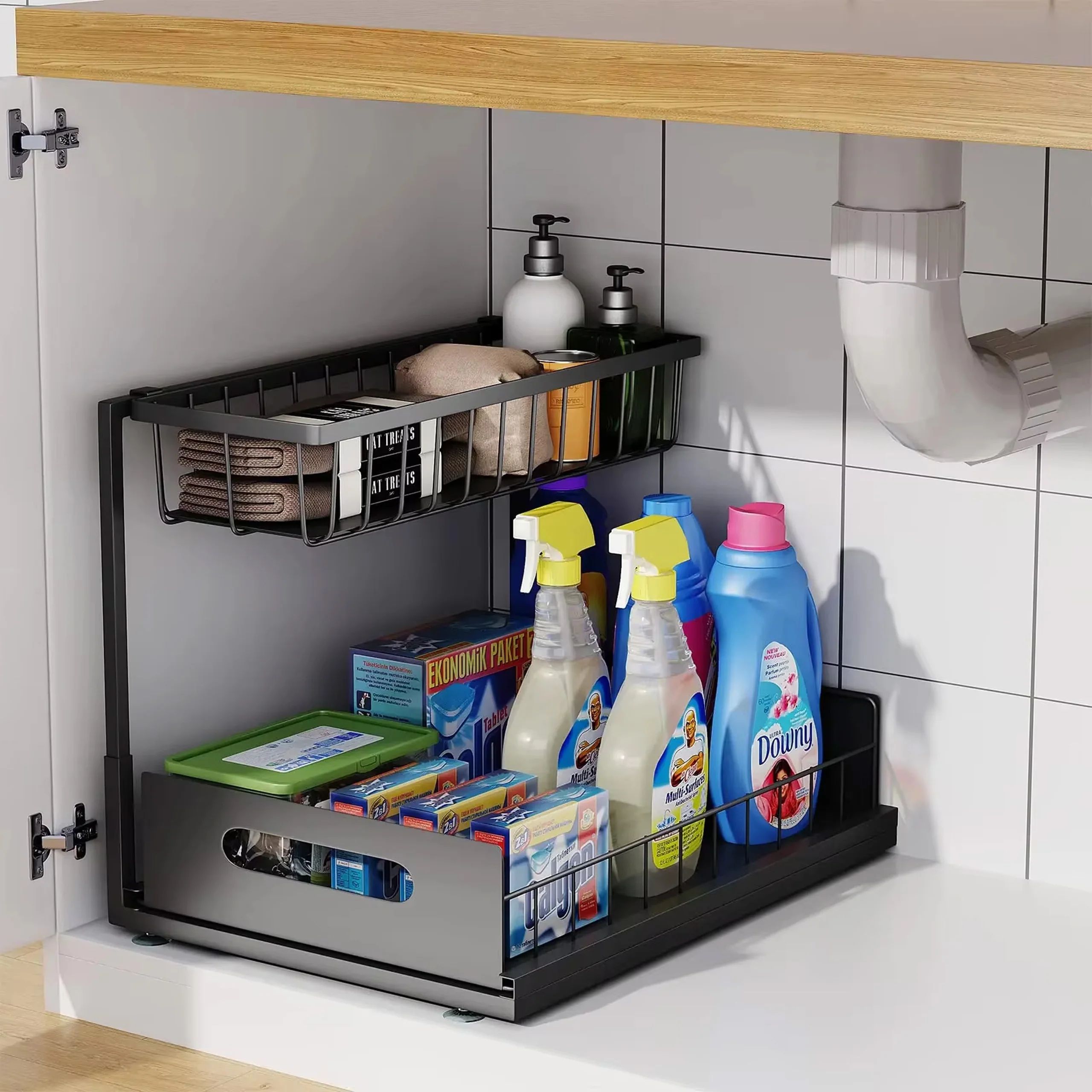 Under Sink 2 Tier Sliding Organizer Pull Out Drawer