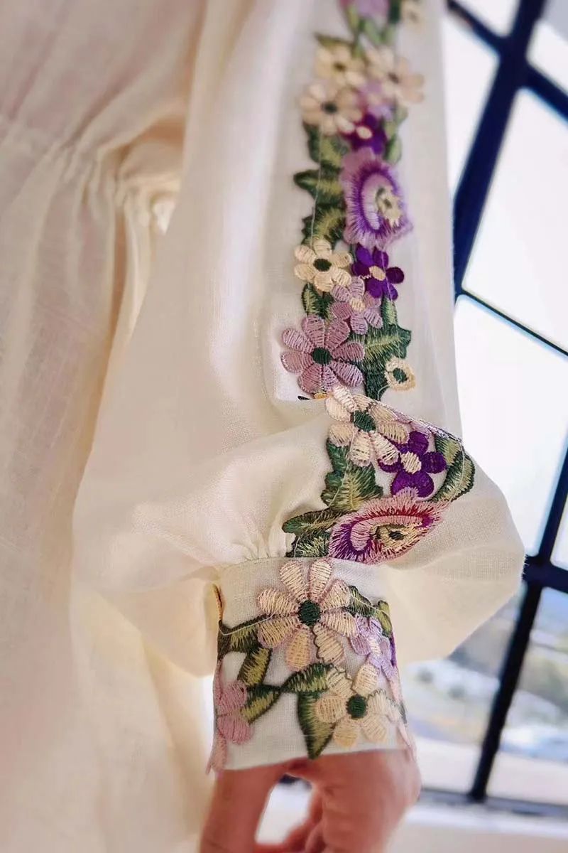 Embroidered Chiffon Dress with Lantern Sleeves – Elegant Beach Style Dress Knee-Length Y2K Spring Dress